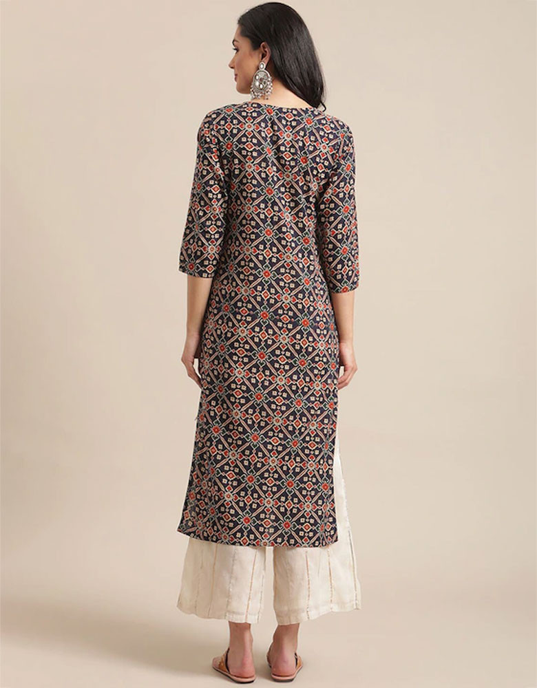 Women Navy Blue & Beige Ethnic Motifs Printed Keyhole Neck Gotta Patti Kurta