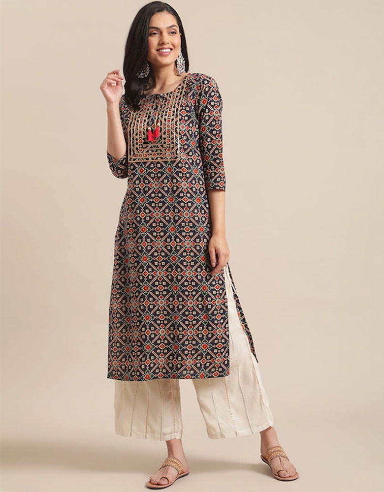 Women Navy Blue & Beige Ethnic Motifs Printed Keyhole Neck Gotta Patti Kurta