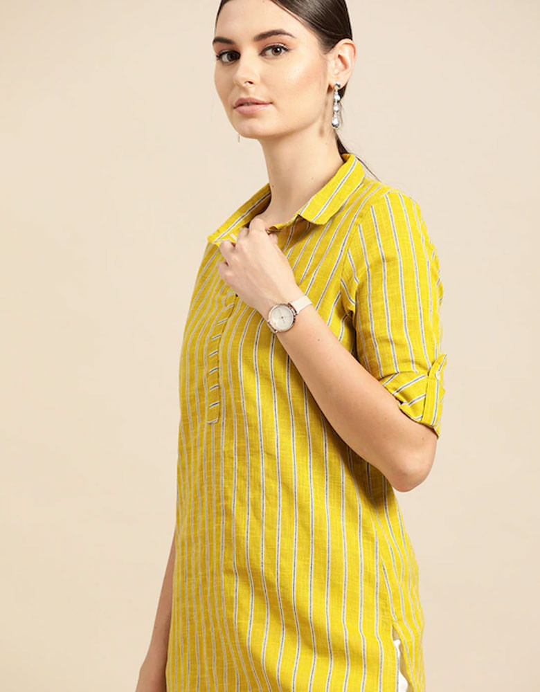 Women Lime Green & Teal Blue Striped Pure Cotton Straight Kurta