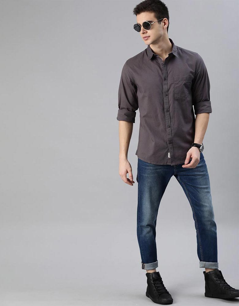 Men Charcoal Regular Fit Solid Casual Sustainable Shirt