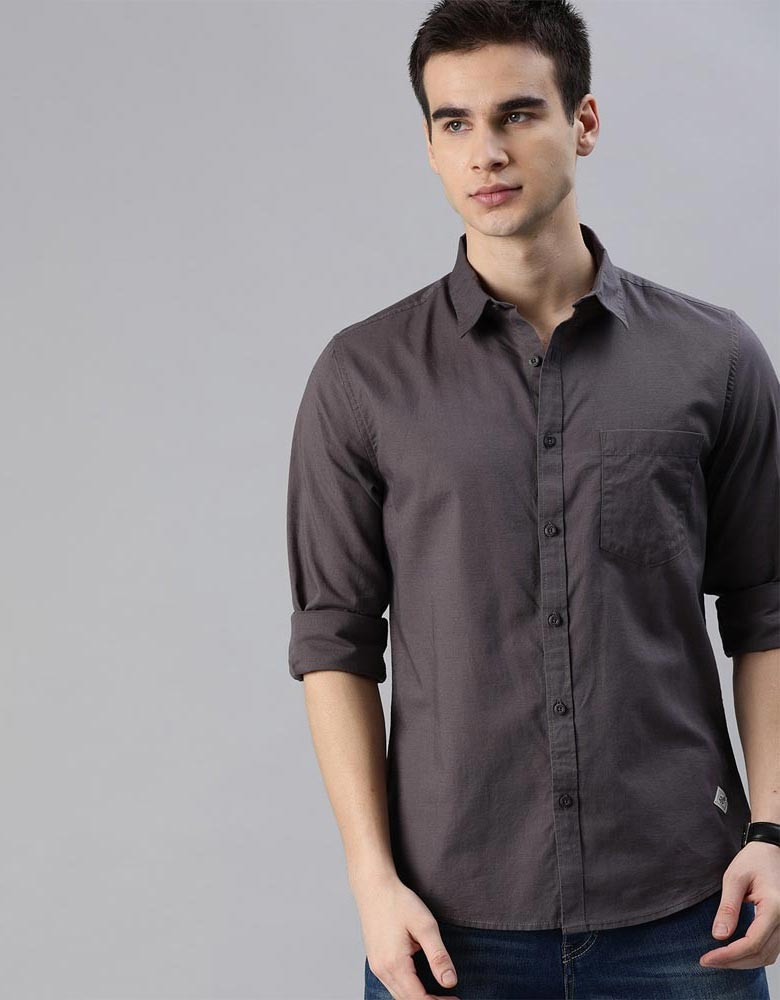 Men Charcoal Regular Fit Solid Casual Sustainable Shirt