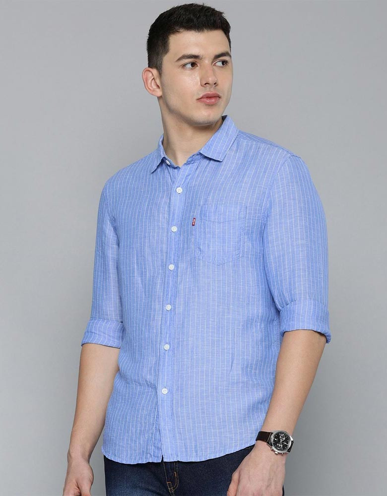 Men Blue Slim & White Fit Striped Casual Shirt