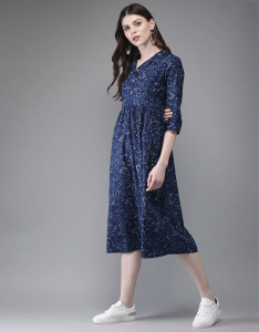 Women Navy Blue Printed A-Line Kurta