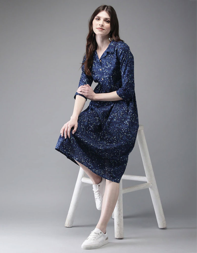 Women Navy Blue Printed A-Line Kurta